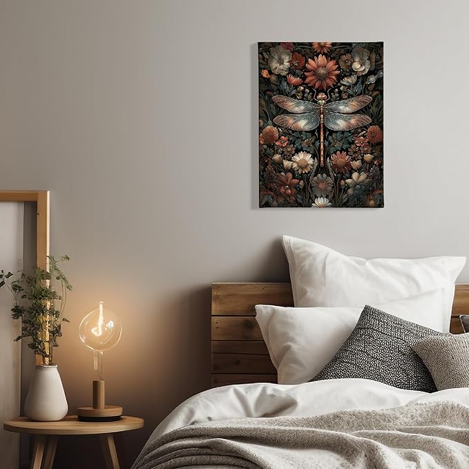 PHAMTE Vintage Floral Dragonfly Wall Art Decor Canvas 11x14, Dark Cottagecore Flower Botanical Dragonfly Pictures Decorations, Wildflower Insect Framed Prints Artwork for Home Bedroom Room Decor