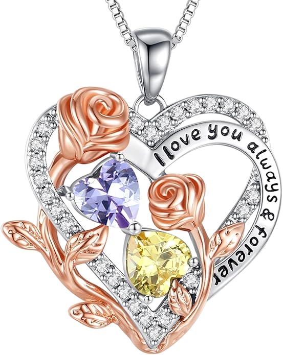 I Love You Birthstone Necklace, 925 Sterling Silver Heart Pendant with CZ Diamond Stones, Birthday Gifts for Women, Romantic Gift for Wife, Girlfriend, Her, Anniversary, Valentine's Day, Christmas