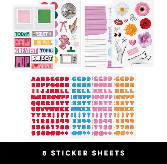 PAPERAGE Junk Journal & Scrapbook Kit, Hardcover Blank Journal Notebook, 20 Patterned Papers, 8 Sticker Sheets, 20 Die-Cut Shapes, 2 Washi Tapes & Tape Roller, Creative Journaling Supplies - Raspberry