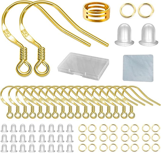 Gold Earring Hooks 80 PCS/40 Pairs, Ear Wires Fish Hooks, 240pcs Hypo-allergenic Jewelry Findings Parts with Jump Rings and Clear Silicone Earring Backs Stoppers for DIY Jewelry Making (14K Gold)