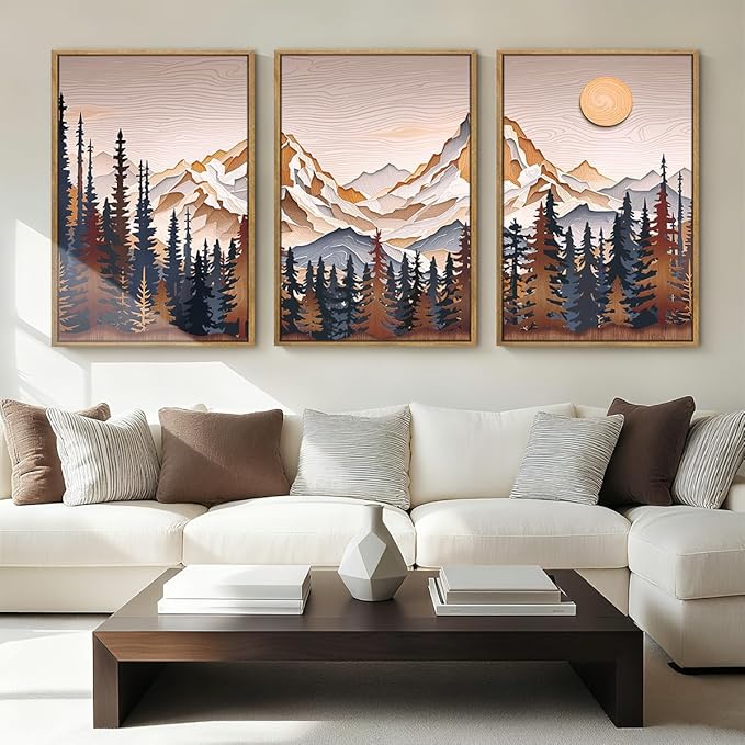 Anyzal Large Mountain Wall Art Pine Tree Forest Wall Decor Modern Abstract Mountain Range Painting Set of 3 for Living Room Bedroom Office 16x24 Inch
