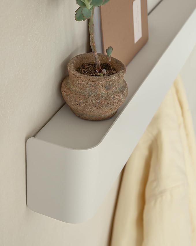 Kazai.®️ Coat Rack Wall Mount with Shelf 'Tone' | Modern Design Coat Hanger with Hidden Hooks and Storage | Hat Rack with Shelf in Metal | Wall-Mounted Purse Organizer | White