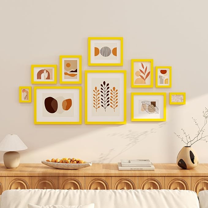 KINLINK 4x6 Frame Yellow, Solid Wood 4 x 6 Picture Frame with Acrylic Plexiglass for 3.5x5 with Mat, Tabletop and Wall Display Photo Frames 4x6 Yellow, 4 Pack