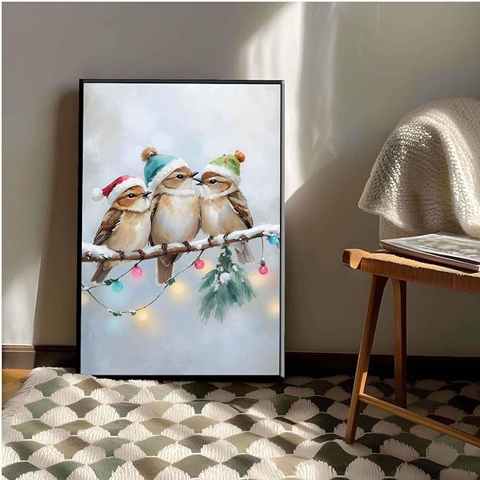 Framed Canvas Wall Art Christmas Birds Winter Art Print Wall Art Holiday Poster Trendy Christmas Decor 16x24in Metal blackFramed