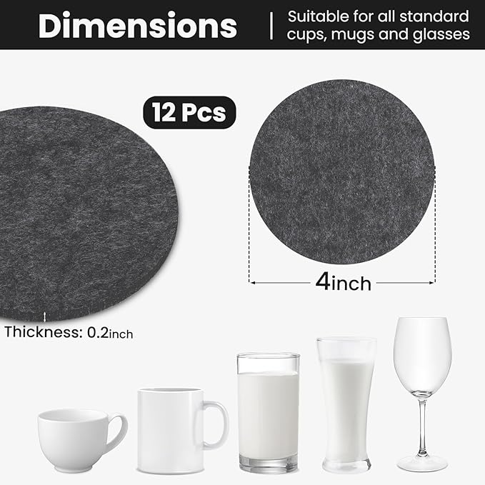 12 Pcs Felt Drink Coasters, 4 Inch Round Absorbent Felt Coasters for Drinks, Thickened Absorbent Coaster for Home Decor Coffee Tabletop Protection, Grey
