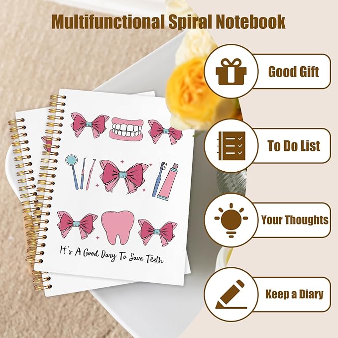 WUCHJ Dentist Gifts Notebook, Dental Hygienist Assistant Gifts Journal, Coquette Pink Bow Dental Spiral Notebook Journal for Note Taking, Dentist Office Supplies, 5.5x8.3 Inch