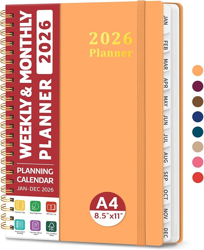 2026 Planner, Weekly and Monthly Calendar Planner for Women, Jan 2026 - Dec 2026, Hardcover Planning Agenda book with Tabs, Spiral Bound, Inner Pocket, Perfect for School Office Supplies, 8.5" x 11" - Bright Orange