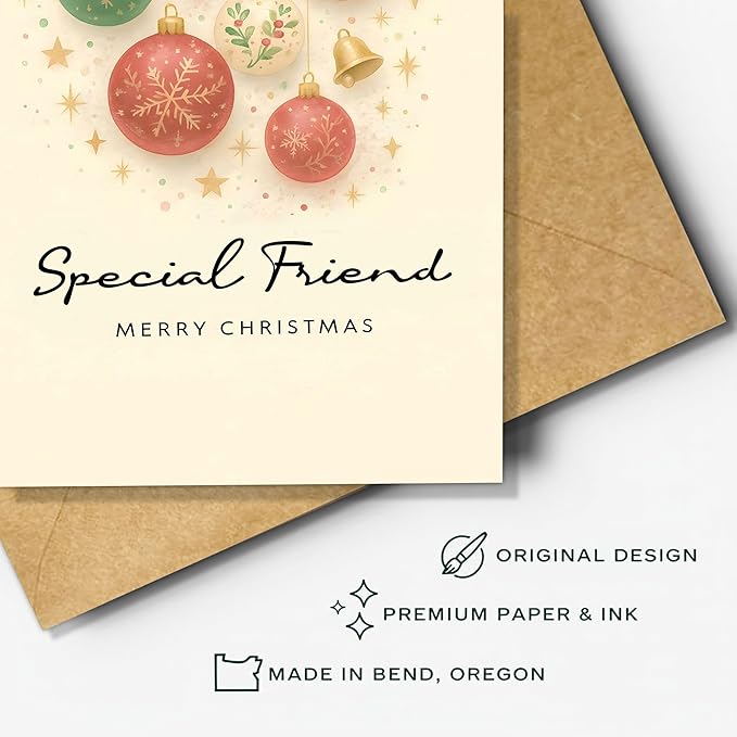 (5.3x8in) Special Friend Merry Christmas Card, Elegant Holiday Greeting with Red and Green Baubles, Gold Bells Stars, Festive Friendship Card for Best Friend, Female or Coworker (Xmas 47)