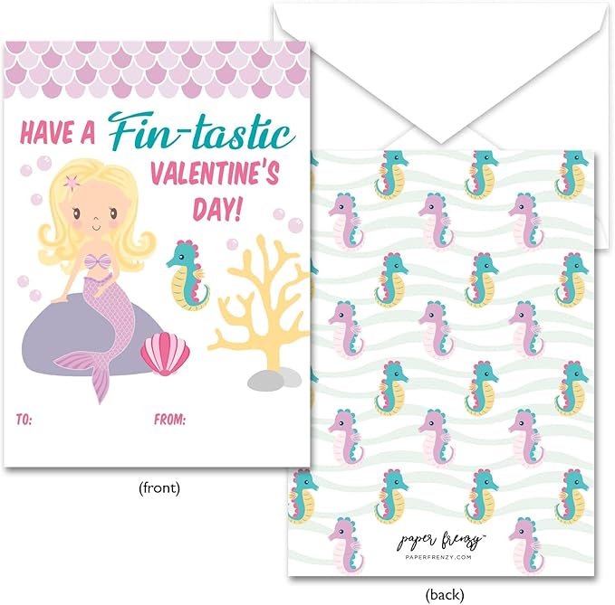 Paper Frenzy Mermaid Themed Valentine Cards WITH ENVELOPES - 25 Pack