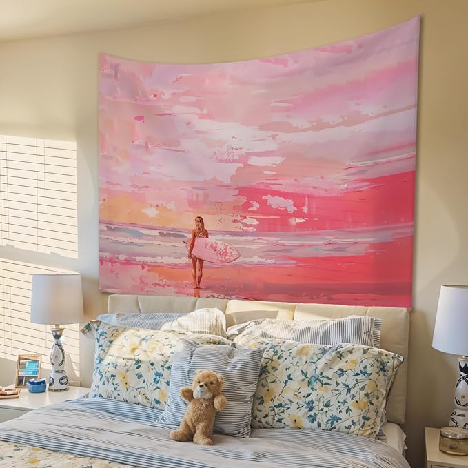 STHTTSW Pink Coastal Cowgirl Tapestry, Aesthetic Beach Tapestries Wall Blanket, Preppy Pink Girly Wall Hanging Decor for Teen Girl Women College Dorm Apartment Bedroom, 50x60 Inch