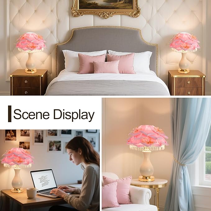Pink Flower Lamp Nordic Rose Flower Table Lamp Modern Ceramic Nightstand Light Romantic Princess Bedside Lamp for Girl Wedding Valentines Christmas Gift Deco Bedroom Living Room Entry