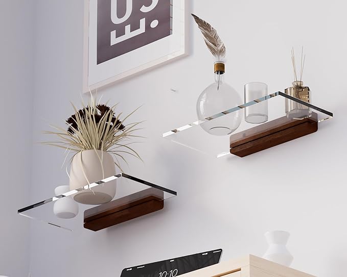 Acrylic Floating Shelves with Solid Wood Base, Wall Mounted Shelf for Plants, Perfume, Nail Polish, Bathroom, Bedroom & Living Room Décor