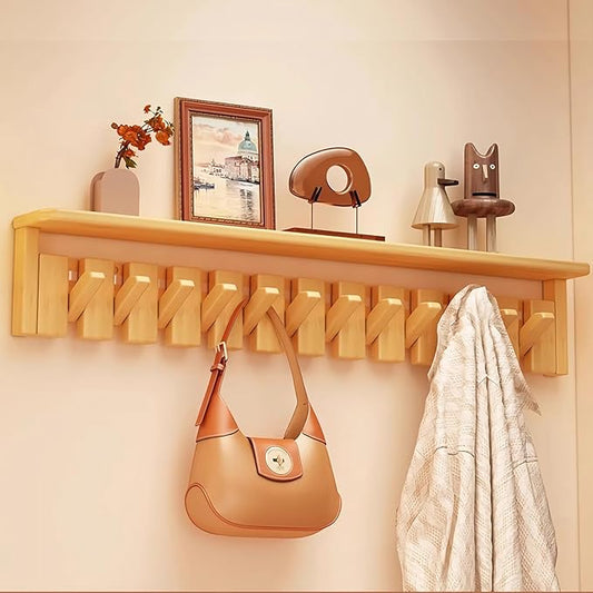Wall Mounted Coat RackHooks Piano Key Hangers Natural Solid Wood Hanger Non-Woven Fabric Clothes Hangers for Closet, Kitchen, Bedroom, Bathroom, Entryway (Tray-Beech, 12 Hooks)