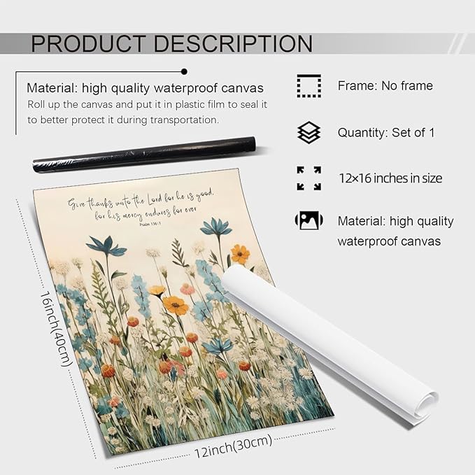 Religious Christian Wildflower Wall Art Bible Verse Scripture Poster Vintage Botanical Canvas Prints for Apartment Bedroom Gallery Wall Decor 12X16 inch Unframed