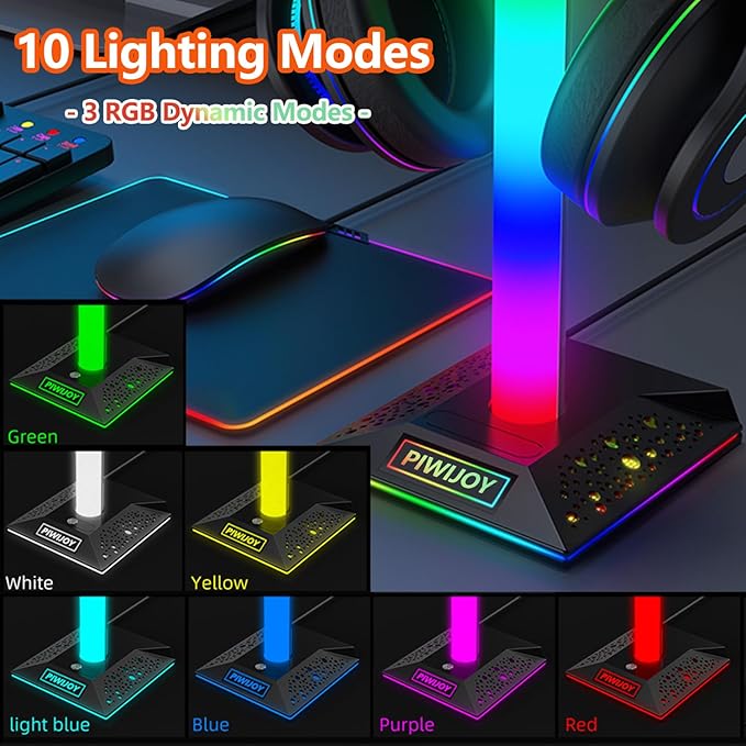 RGB Gaming Headset Stand with USB Hub - 2 USB Ports & 1 Type-C Port, 10 Lighting Modes, Universal Holder for All Headphones