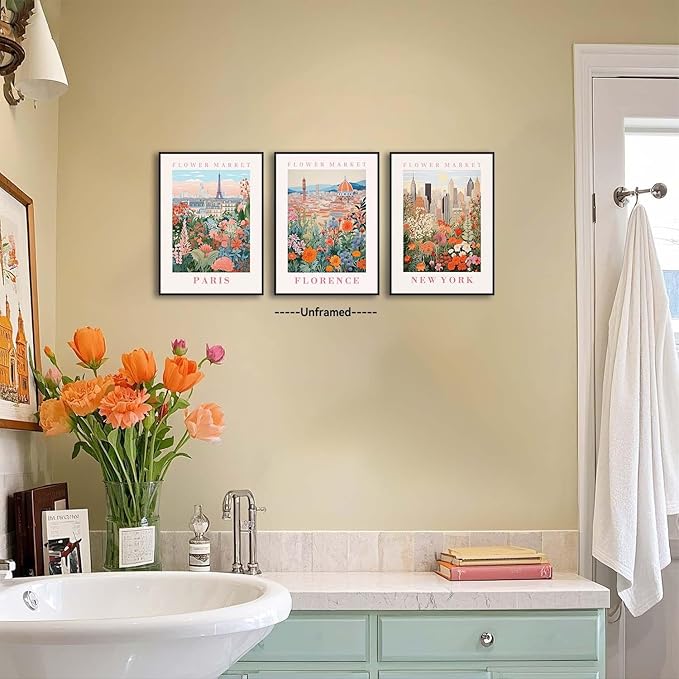 XLARTMY Flower Market Wall Art Prints Canvas Orange and Pink Floral Paintings Colorful Botanical Travel Flower Posters for Home Decor Pictures Set of 3 for Living Room Bedroom 12x16in Unframed