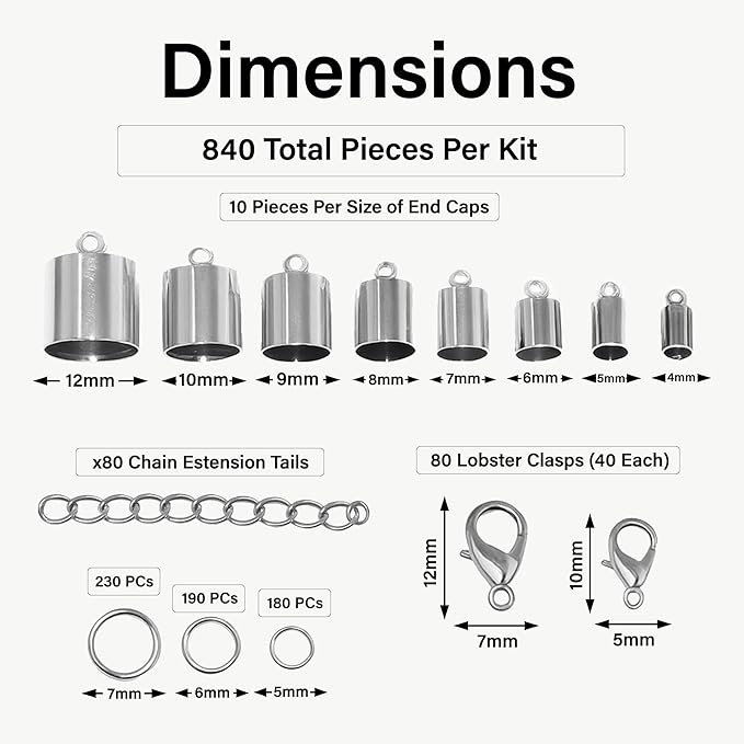 Mandala Crafts Silver Tone Leather Cord End Caps for Jewelry Making, Tassel Caps, 4mm to 12mm 840 PCs Cylinder Cord Ends, Kumihimo Supplies and Jewelry Findings