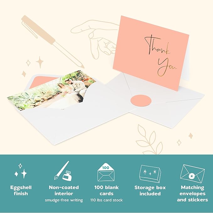 VNS Creations Gold Foil Thank You Cards With Envelopes Bulk Set & Stickers - 100 Pack 4x6 Blank Thank You Notes Box Set - Large Note Card Small Business, Wedding, Baby Shower & Bridal Shower - Peach