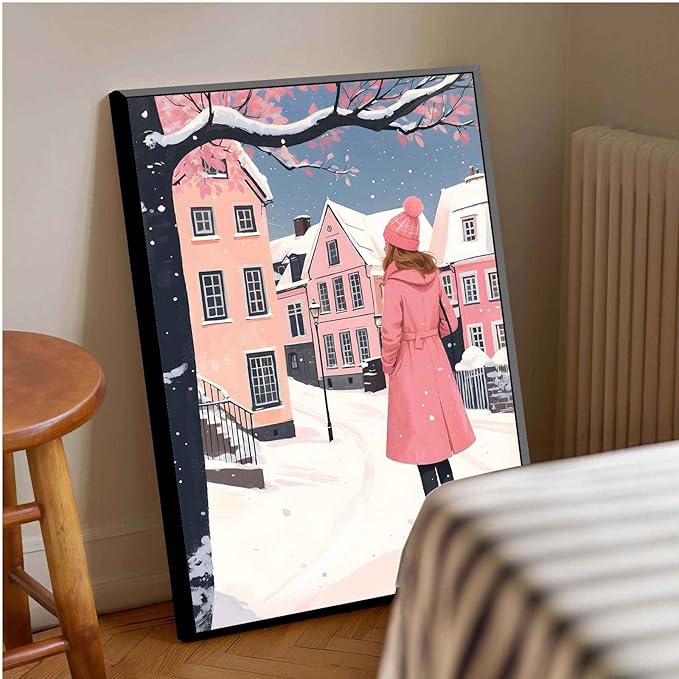 Framed Canvas Wall Art serene winter scene in a quaint village art print Christmas snow cosy winter's day 8x12in Metal blackFramed