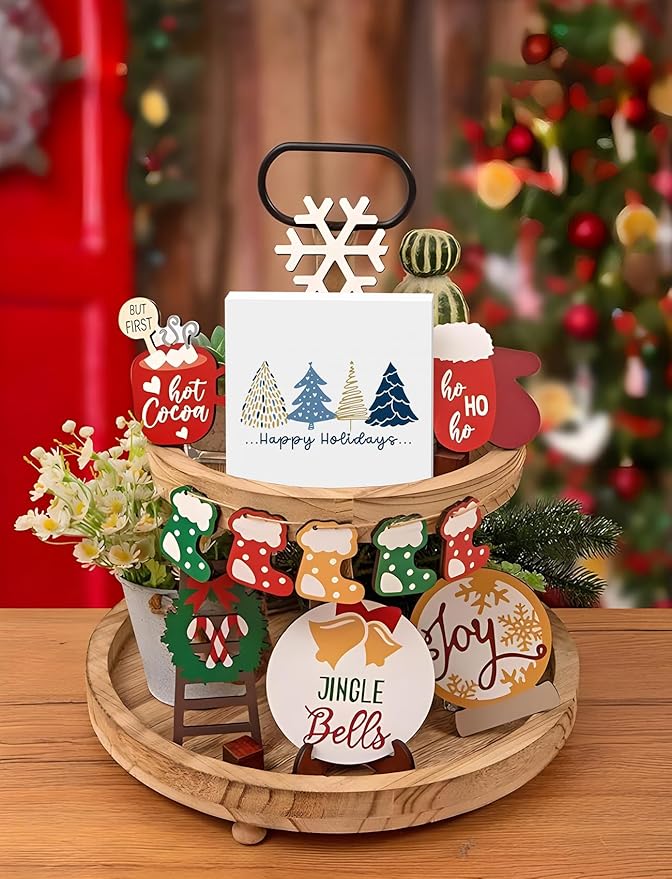 Navy Blue and Gold Christmas Tree Wooden Box Sign, Preppy Christmas Desk Decor, Minimalist Xmas Tree Winter Happy Holiday Wood Signs for Home Office Desk Shelf Tabletop Decor, 5x5 Inch Decorative Signage