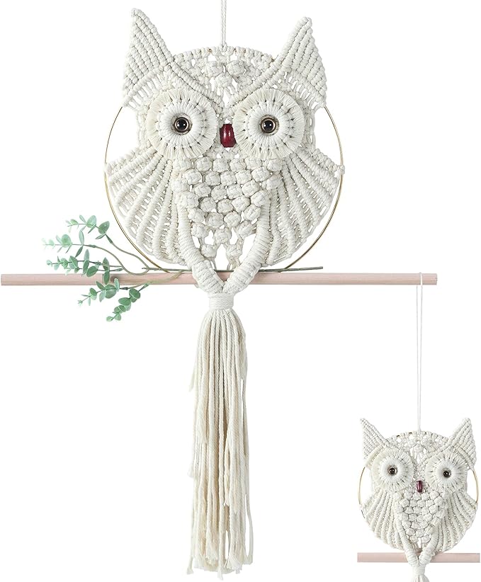 MVSUTA Owl Ivory Cotton Handmade Macrame Wall Hanging Tapestry Home Decor Art and Beige Craft Wonderful Decoration Woven Boho Ornament for Office Bedroom Apartment Living Cream Nursery Gallery,2pcs