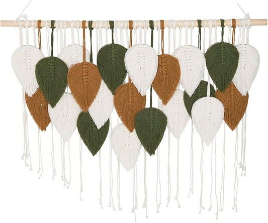 Large Macrame Wall Hanging Feather Decor – Handmade Cotton Cord Boho Room Decor for Bedroom, Nursery, Office – 39” W x 29.5” L (Green, Brown, White)