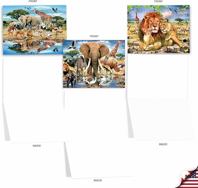 The Best Card Company - 10 Blank Animal Cards Boxed (4 x 5.12 Inch) - Assorted Pets, Zoo, Wildlife Cards for Kids - Savanna Selfies M6640OCB
