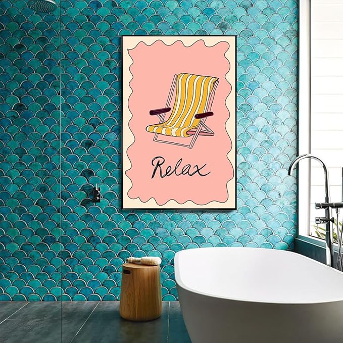 Metal Black Frame Abstract Pink Yellow Ocean Coastal Beach Chair Wall Art Trendy Summer Relaxing Seaside Canvas Prints Painting Aesthetic Preppy Decor Picture for Living Room Decoration 20x30inch