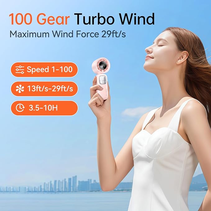 3-in-1 Portable Handheld Turbo Fan-100 Speeds, 15000 RPM, 10Hrs Cooling, LED Display, 90° Rotation, USB Rechargeable Battery Powered, Mini Foldable Hand Held Personal Fan for Women Men (Pink)