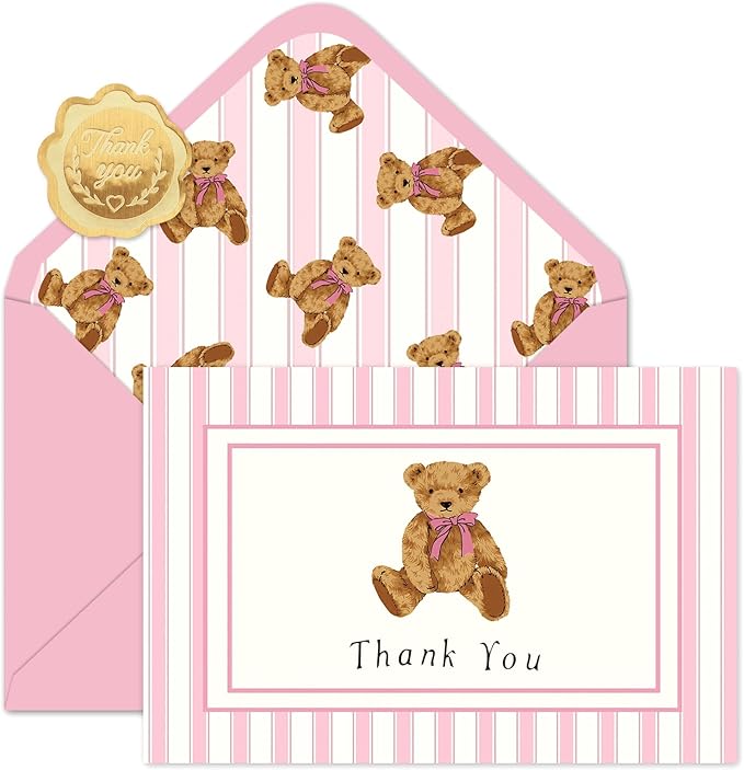 JarThenaAMCS 24 Pack Bear Thank You Cards Greeting Cards Pink Stripe Bear Blank Note Card with Envelopes Stickers for Birthday Baby Shower Party Supplies, 4 x 6 Inch