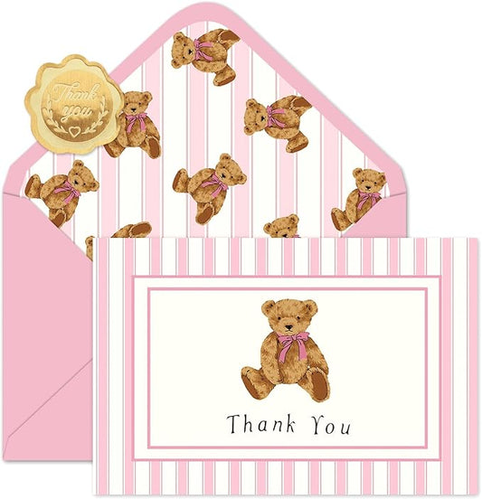 JarThenaAMCS 24 Pack Bear Thank You Cards Greeting Cards Pink Stripe Bear Blank Note Card with Envelopes Stickers for Birthday Baby Shower Party Supplies, 4 x 6 Inch