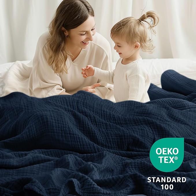 100% Cotton Muslin Blankets Twin XL 66" x 90", 6 Layers Breathable and Lightweight Twin Blanket for Bed, Soft Boho Coverlet Bedspread, Gauze Bedding for All Season, Navy