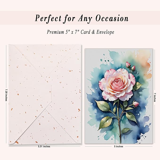 5x7 Blank Inside Card with Envelope, Elegant Watercolor Rose Blank Greeting Card for All Occasions – Birthday, Sympathy, Thank You - Single Card
