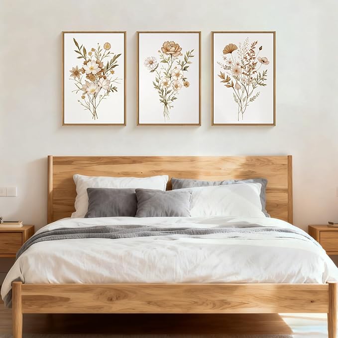 KAIRNE Neutral Boho Floral Wall Art Set of 3, Framed Vintage Botanical Flower Prints, Minimalist Wildflower Canvas Artwork, Modern Farmhouse Decor for Living Room Bedroom Office, 24×36inch