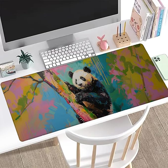 Vibrant Panda Gaming Mouse Pad, Office Desk Mat, Anti-Slip Rubber Base Cool Aesthetic Mouse Pads for Computer Laptop Keyboard School Home Desktop Gamer Home Accessories Decor 31.5" x 11.8"