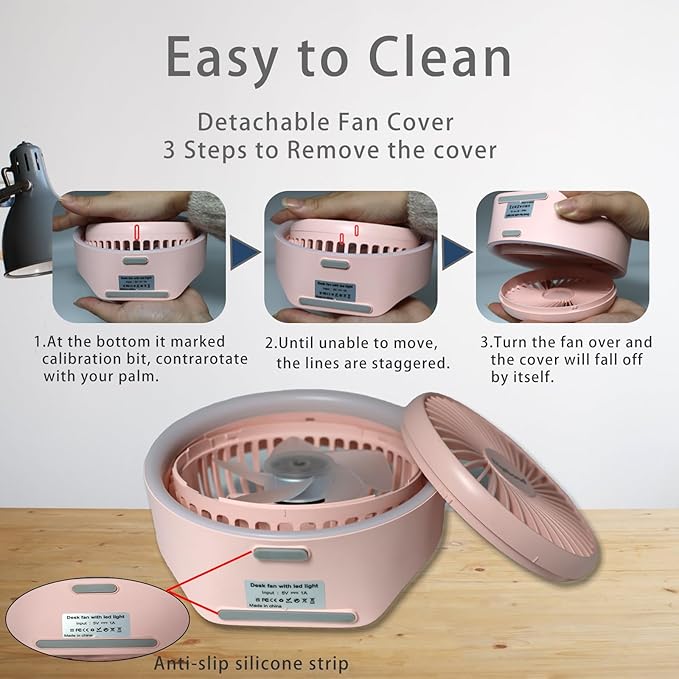 Pink Desk Fan, Small Quiet with Ambient Light/Hook Portable USB Fan 5.3in High Power 3000mAH Rechargeable Battery Operate 3 Speed 180°Rotated Easy Clean
