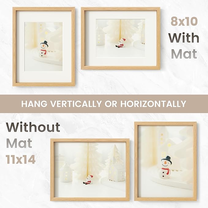 11x14 Picture Frame, USA-Sourced Natural Oak Wood Photo Collage Frame with HD Tempered Glass, Modern Simple 11 x 14 Wooden Frame Matted to 8x10, Vertical & Horizontal Wall Hanging Display