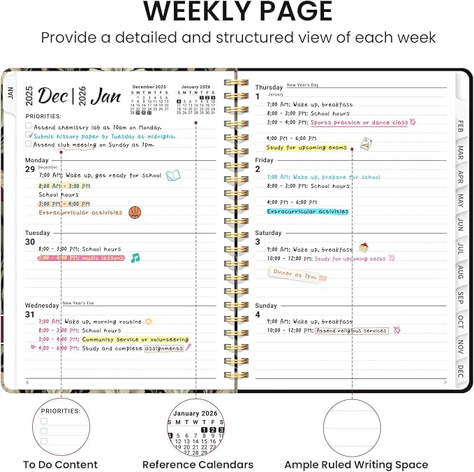 2026 Planner, Weekly and Monthly Calendar Planner for Women, Jan 2026 - Dec 2026, Hardcover Planning Agenda book with Tabs, Spiral Bound, Inner Pocket, Perfect for School Office Supplies, 6.3" x 8.5" - Dark Botanica