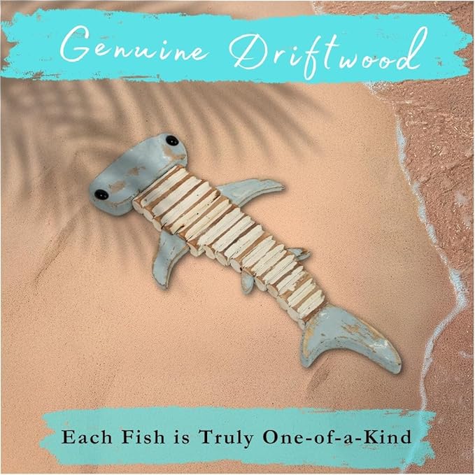 Mint Bucket Brands Driftwood Fish Nautical Wall Decor - 16" x 7.5" Handmade Wooden Rustic Coastal Wall Art for Living Room, Bedroom, Office, Bathroom - Ocean Beach Decoration (Kai)