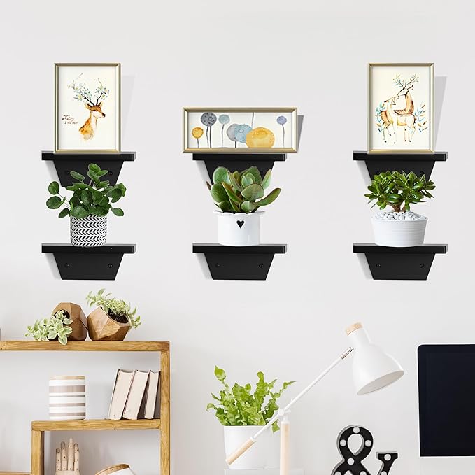 PHOENANCEE Small Floating Shelves,Speaker Shelf,Trapezoid Wall Shelf for Table Lamp Plants Display,Decorative Wood Ledges Chic for Living Room,Bedroom,Kitchen,Office,Pine,8x6 Inch,4 Pack(Black)