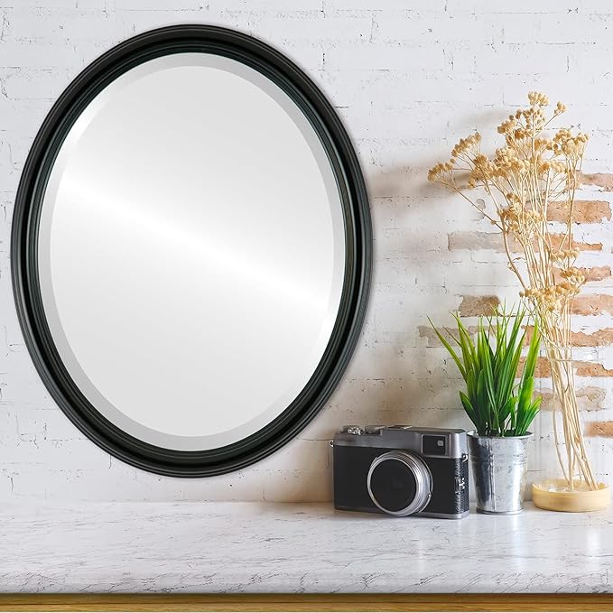 OVALCREST Oval Beveled Wall Mirror for Home Decor - Saratoga Style - Gloss Black - 22x26 Outside Dimensions