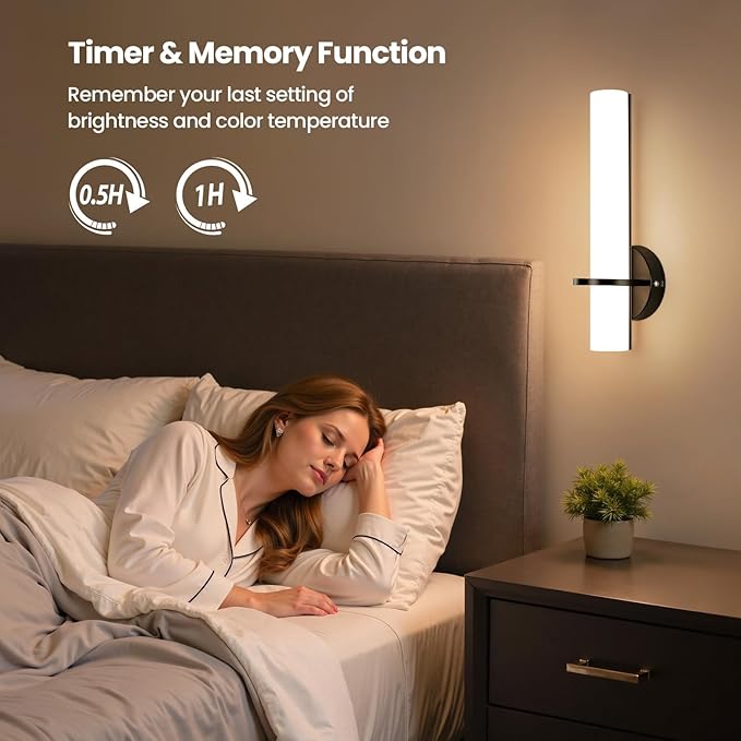 Black Battery Operated Wall Sconces Set of 2, 10000mAh Rechargeable Wireless Wall Sconce with Remote Control, 3000K-6000K Dimmable LED Wall Lights for Living Room Bedroom Hallway 15 Inch