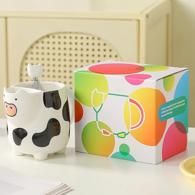 Yuwu 17oz Cow Mug with Built-in Tea Bag Holder and Spoon – Cute Glossy Ceramic Animal Cup for Milk Tea, Coffee, Kids, Girls – Farm Gift for Birthday, Christmas (whit)