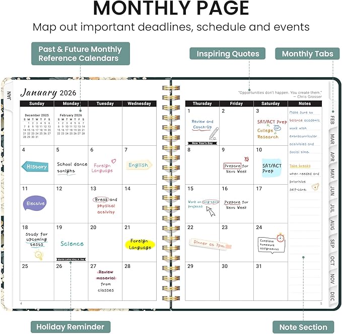 2026 Planner, Monthly and Weekly Calendar Planner for Women, Jan 2026 - Dec 2026, Hardcover Pretty 2026 Agenda Planner Book with Tabs, Spiral Bound, Perfect for School Office Home Supplies, 6.3" x 8.5" - Classic Floral