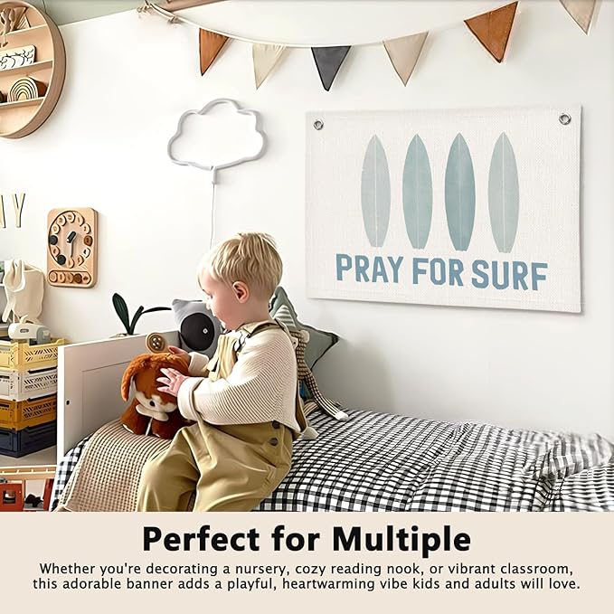 Coastal Beach Surf Kids Room Decor - Linen Banner Wall Hanging Canvas Banner Flag Decor for Kids Toddler Bedroom Nursery Playroom