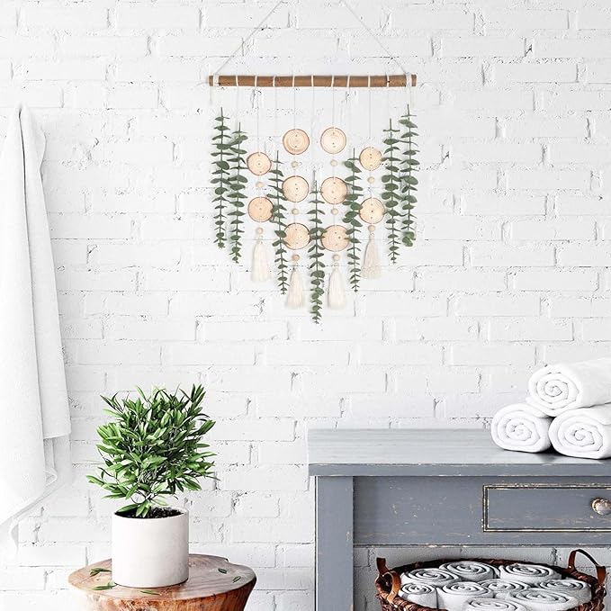 Artificial Eucalyptus Plant Wall Decor Fake Greenery Leaves Stems Wall Hanging Faux Plants on 16.5 inch Wood Stick Boho Rustic Farmhouse Decor for Bathroom Bedroom Dining Room Indoor Home