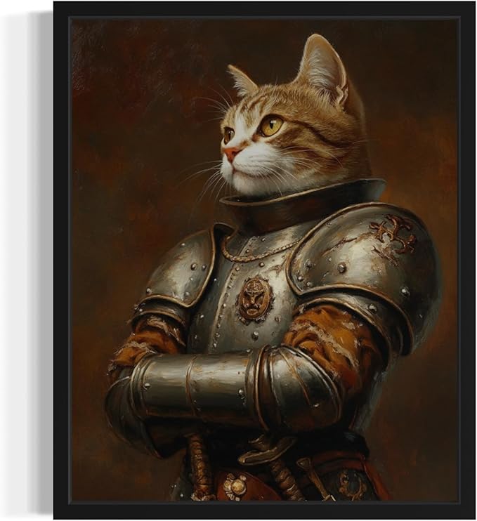 Knight Cat Portrai Art Poster Print, Cat Kitten Painting Humor Portrait Pet Artwork Decor Gallery A8 (1 x 14 inches, Black Frame)