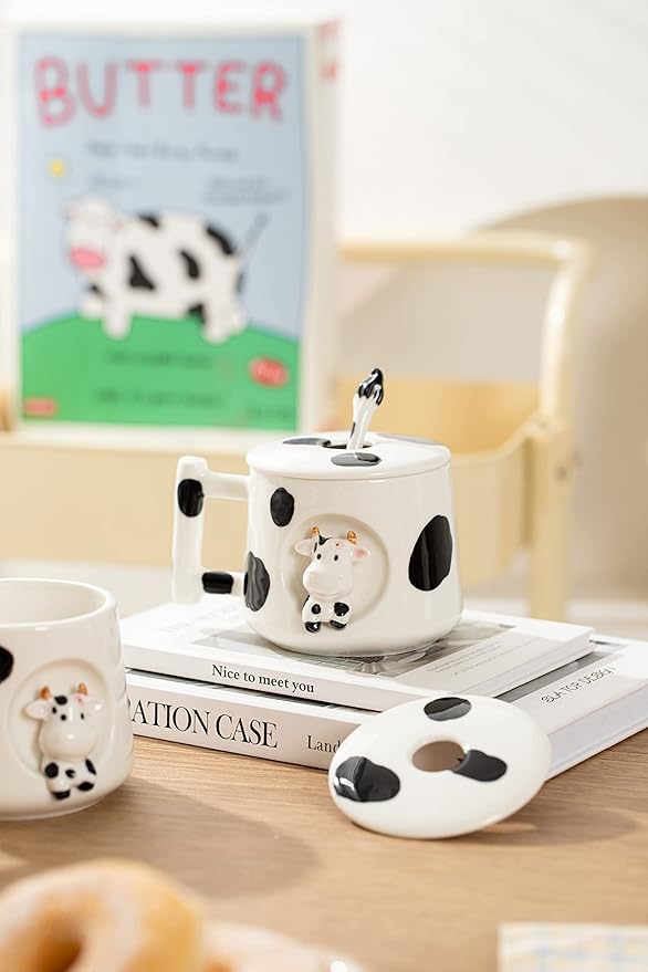 DIHOclub Adorable 3D Ceramic Cow Mug with Lid and Spoon - Perfect for Coffee, Tea, Milk, and More - Ideal Gift for Animal Lovers Gift for Mather- 14 Ounces(BLack white)