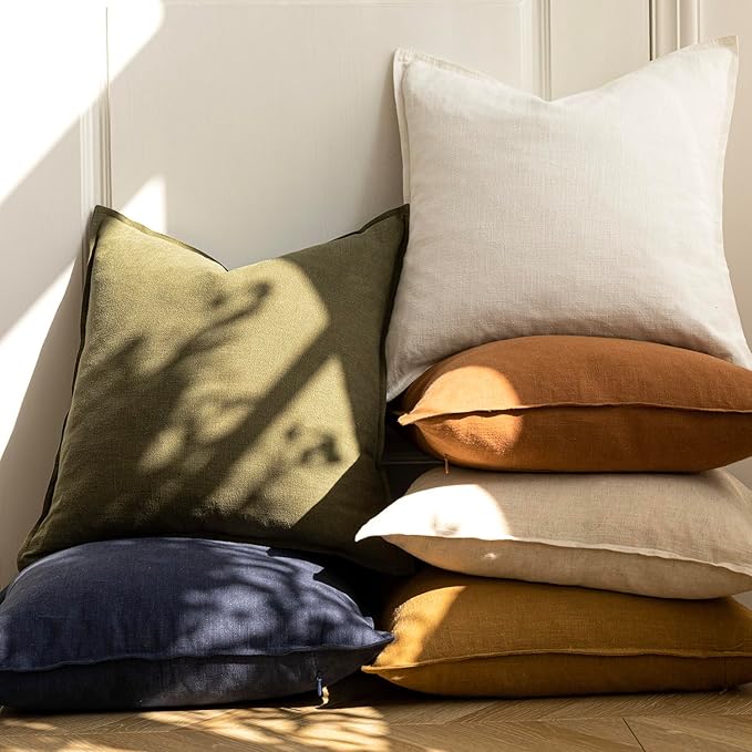 Foindtower Pack of 2, Decorative Linen Soild Throw Pillow Covers Soft Accent Cushion Case Boho Farmhouse Neutral Pillowcase for Couch Sofa Bed Living Room Home Decor 22 x 22 Inch Cream White
