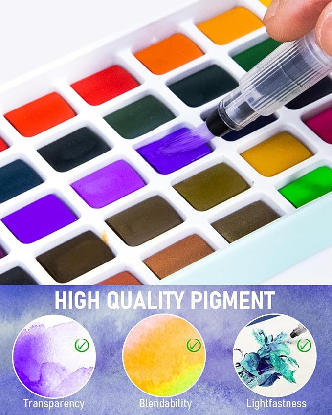 Nicpro 50 Colors Watercolor Paint Set, Including Metallic & Fluorescent Color, 8PCS Pastel Detail Painting Brush, Water Color Paper, Palette, Art Supplies Kit for Artist Adult Beginner with Gift Box